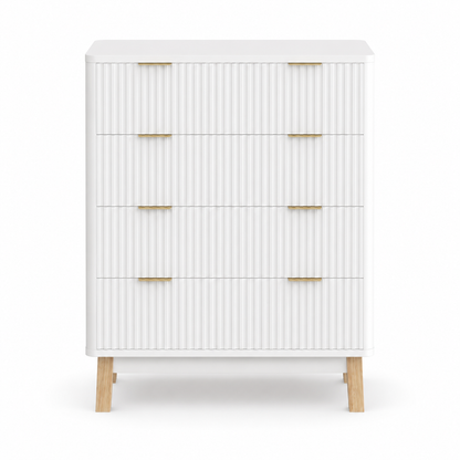 White 4-Drawer Fluted Dresser with Gold Pulls